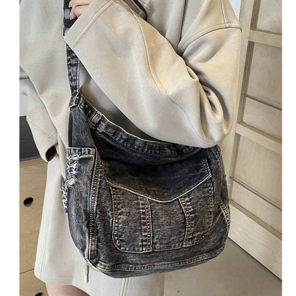 Vintage Wash Large Pockets Denim Jean Shoulder Crossbody Bag